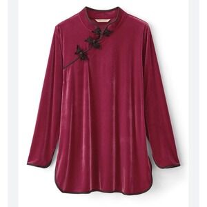 Soft Surroundings 1x Tai Velvet Tunic Top Cranberry Spritz Mandarin Collar